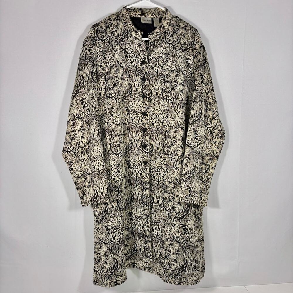 Chico's Black Cream & Gold Long Textured Light Weight Jacket Size XL C1